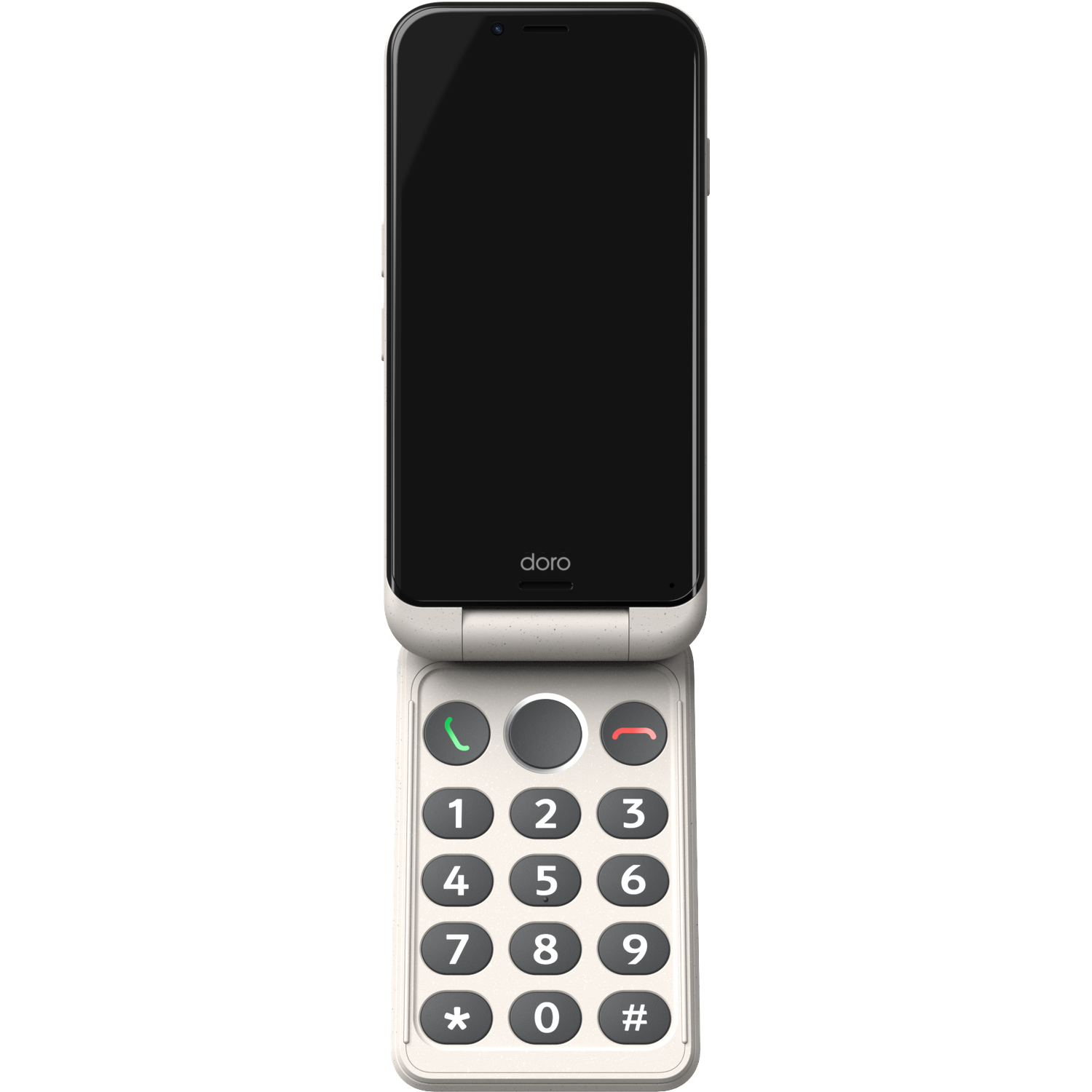 Open klaptelefoon met zwart scherm, witte knoppen en een toetsenbord. De telefoon is open, het toetsenbord zichtbaar.