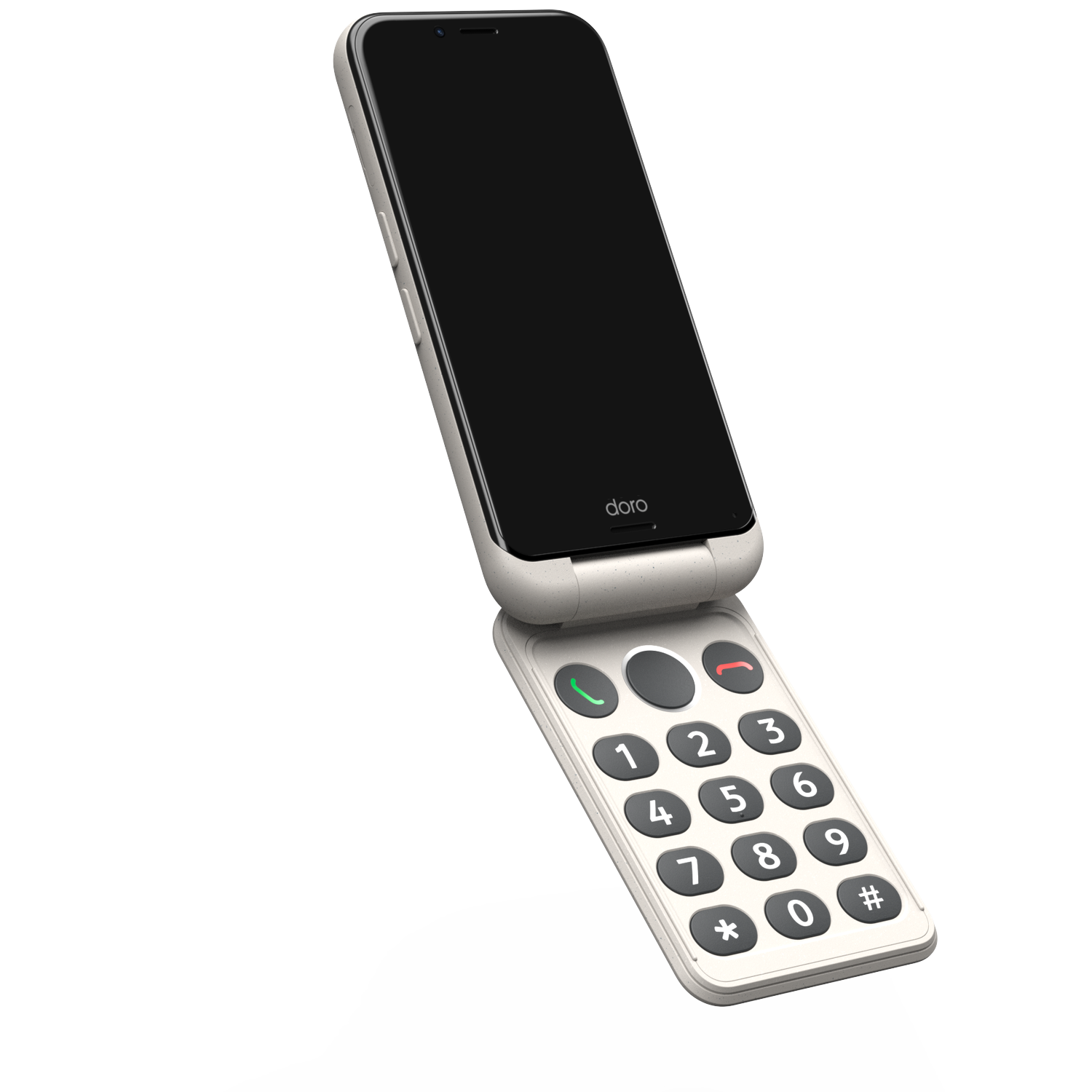 Open klaptelefoon, beige met zwart scherm en toetsenbord. Toont nummers en belknoppen. Doro-logo op het scherm.