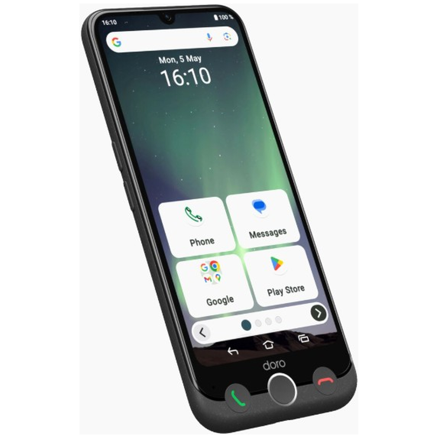 A black Doro smartphone displays the time, date, and icons for phone, messages, Google, and Play Store apps.