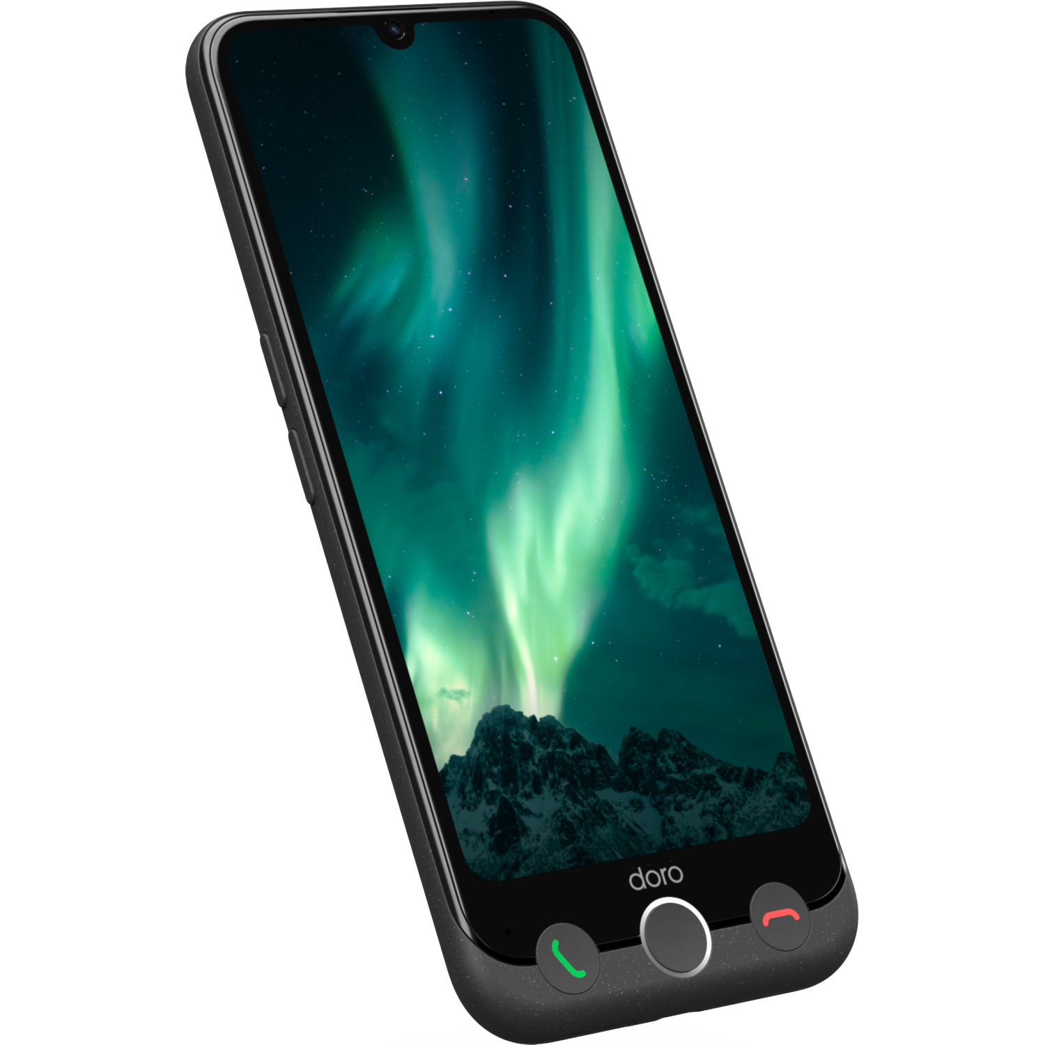 A black Doro smartphone displays northern lights over mountains. It has a call button, a home button, and a black speckled casing.