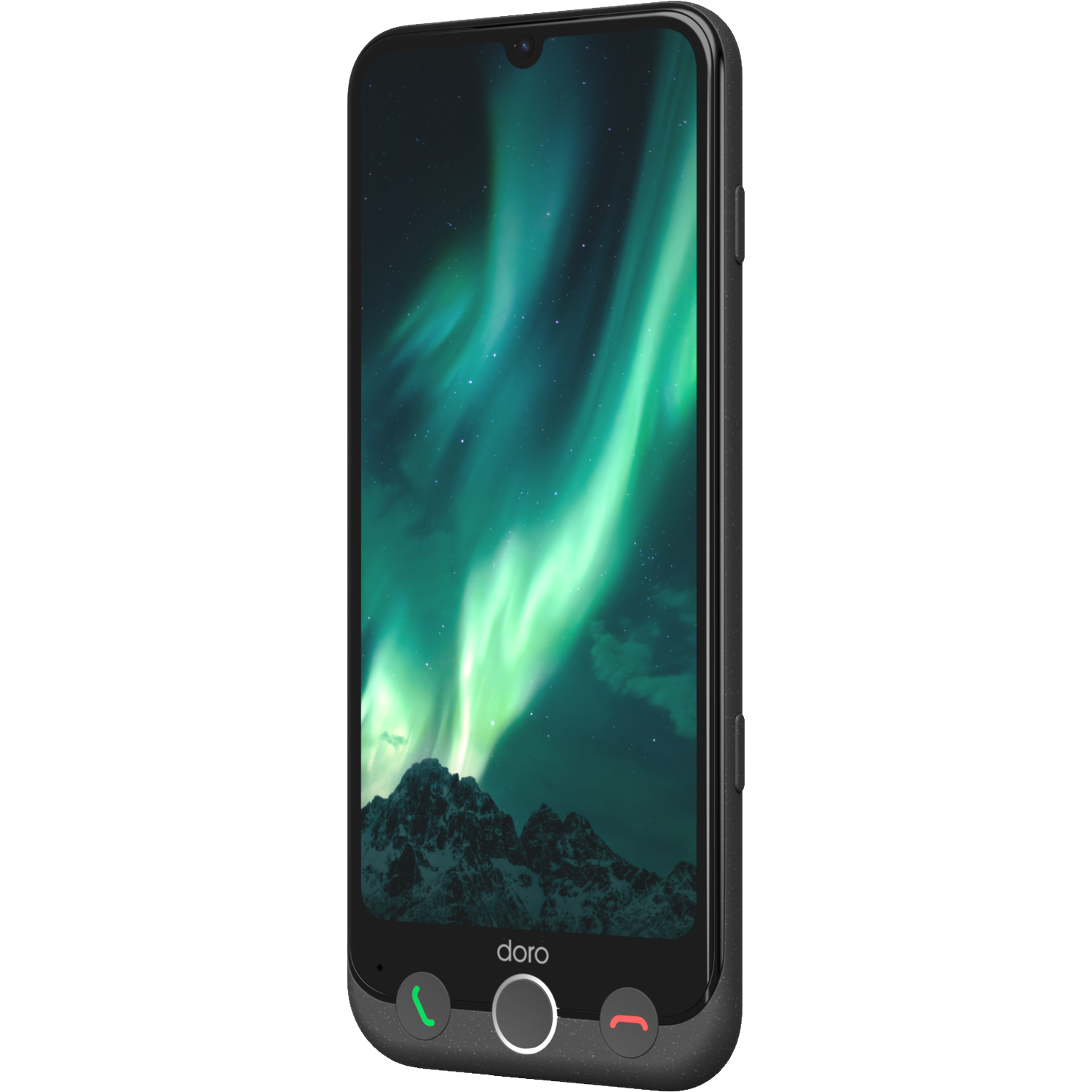 A black Doro smartphone displays a northern lights scene. It has a green call button, a white circle, and a red end call button.