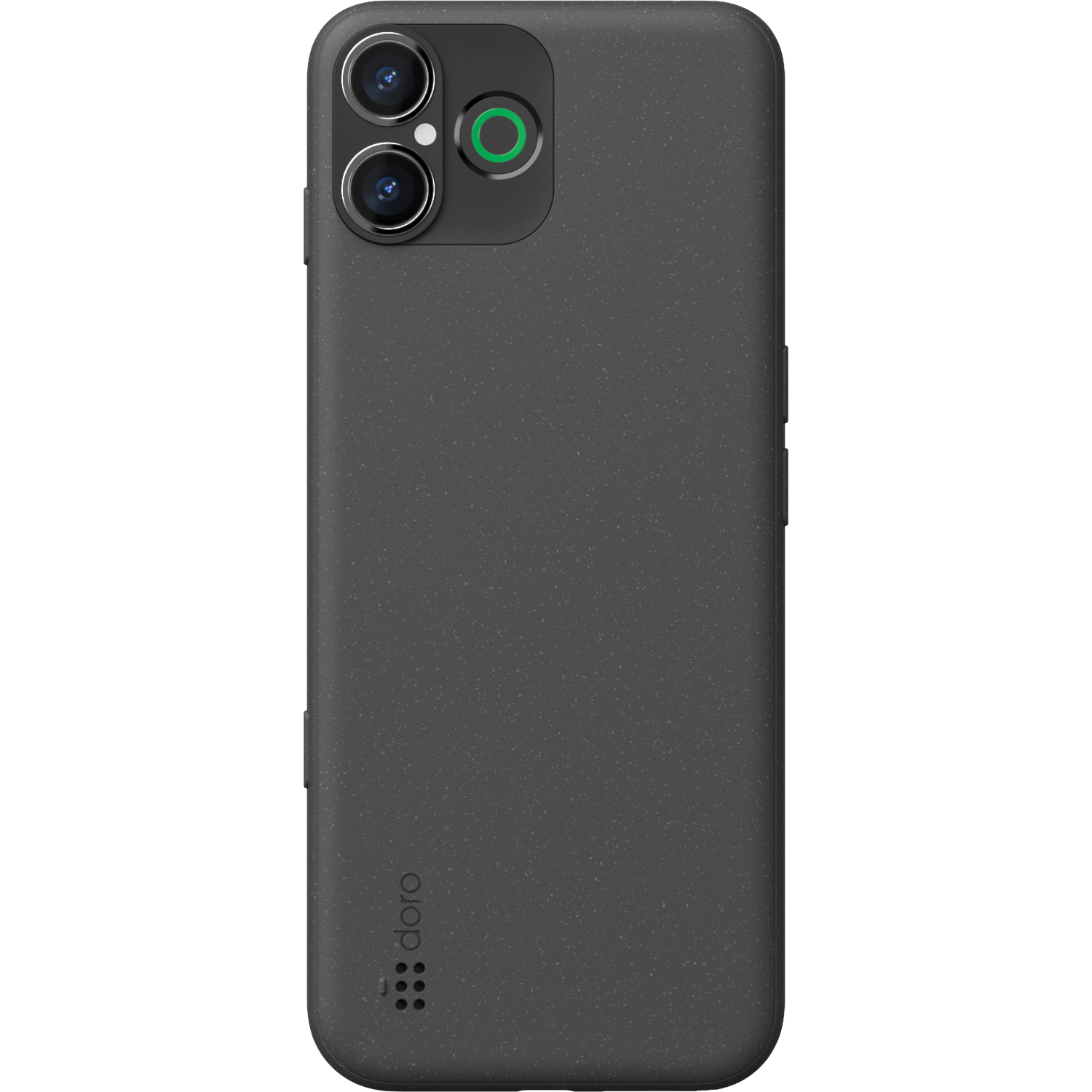 A dark gray phone case with the doro logo. It has a camera area with three lenses and a green circle. The case is textured.