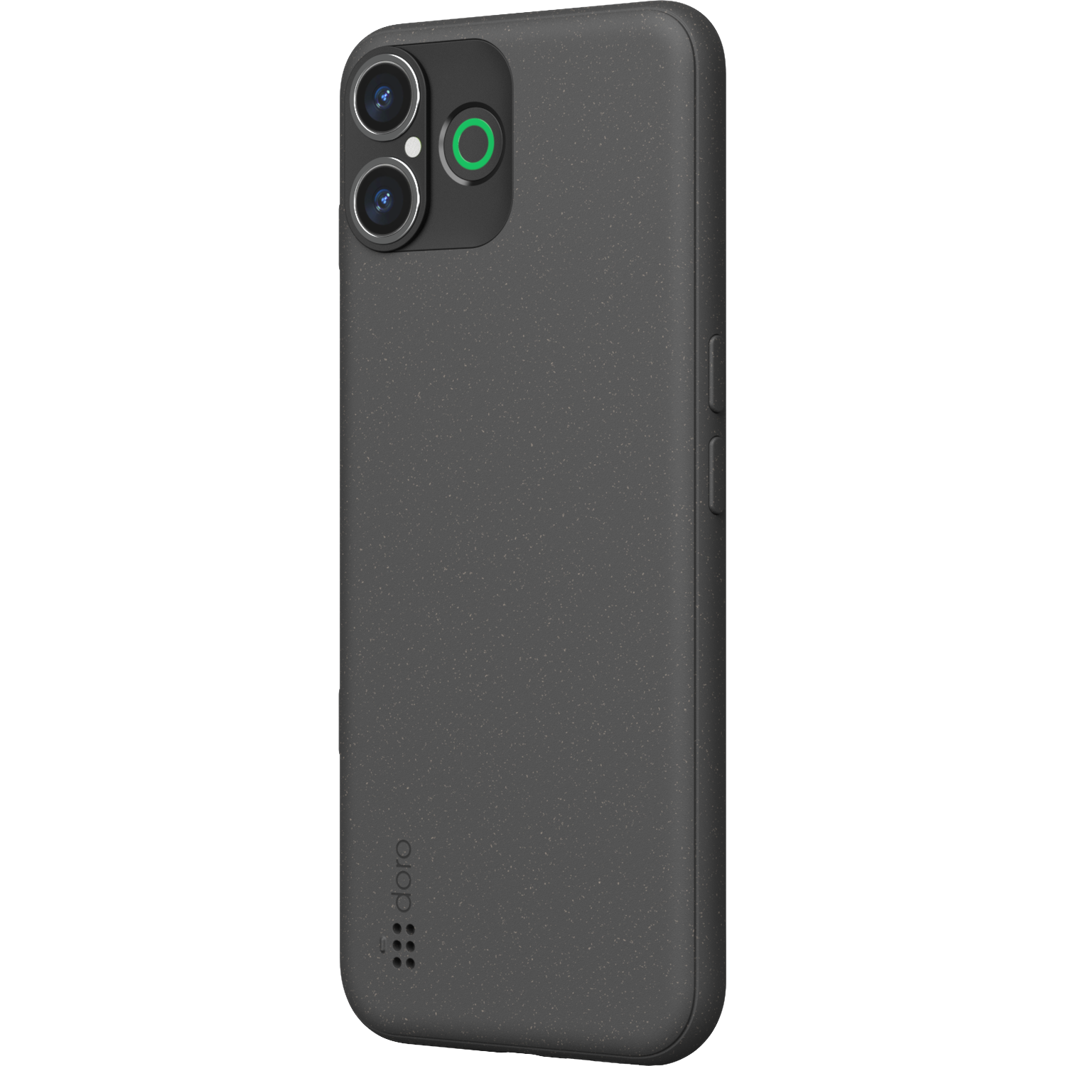 A dark gray phone case with three camera lenses and a green circle. The case has a speckled texture and the brand 'doro' is visible.