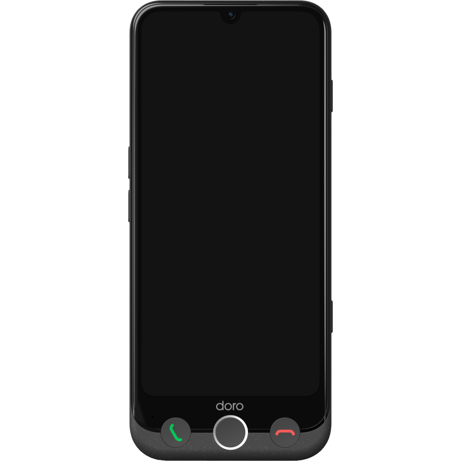 A black smartphone with a black screen. At the bottom are green and red call buttons and a white circle. The brand 'doro' is visible.