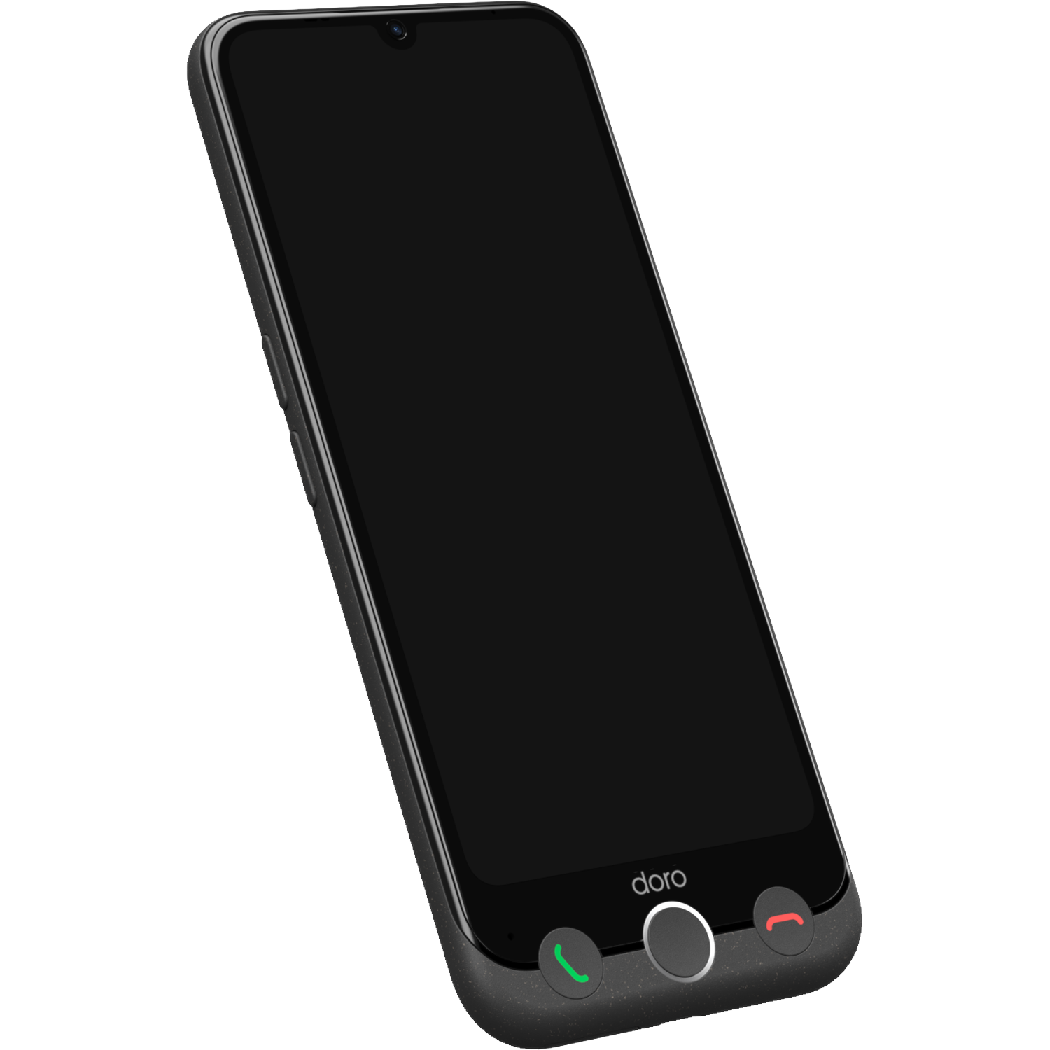 A black Doro smartphone with a large screen, green and red call buttons, and a central button. The Doro logo is visible.