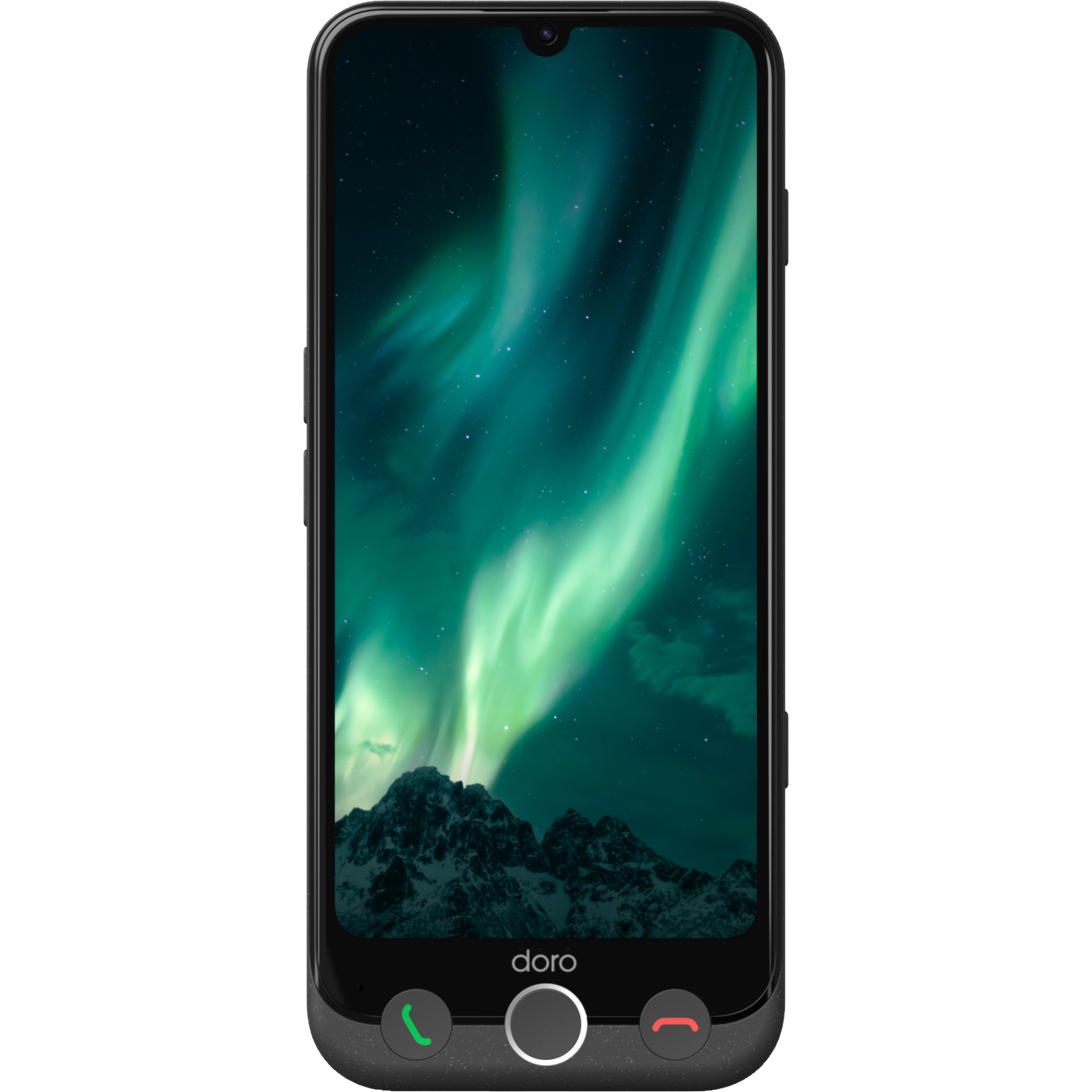 A smartphone displays a green aurora borealis over snowy mountains. Phone buttons are visible at the bottom, with the brand name.