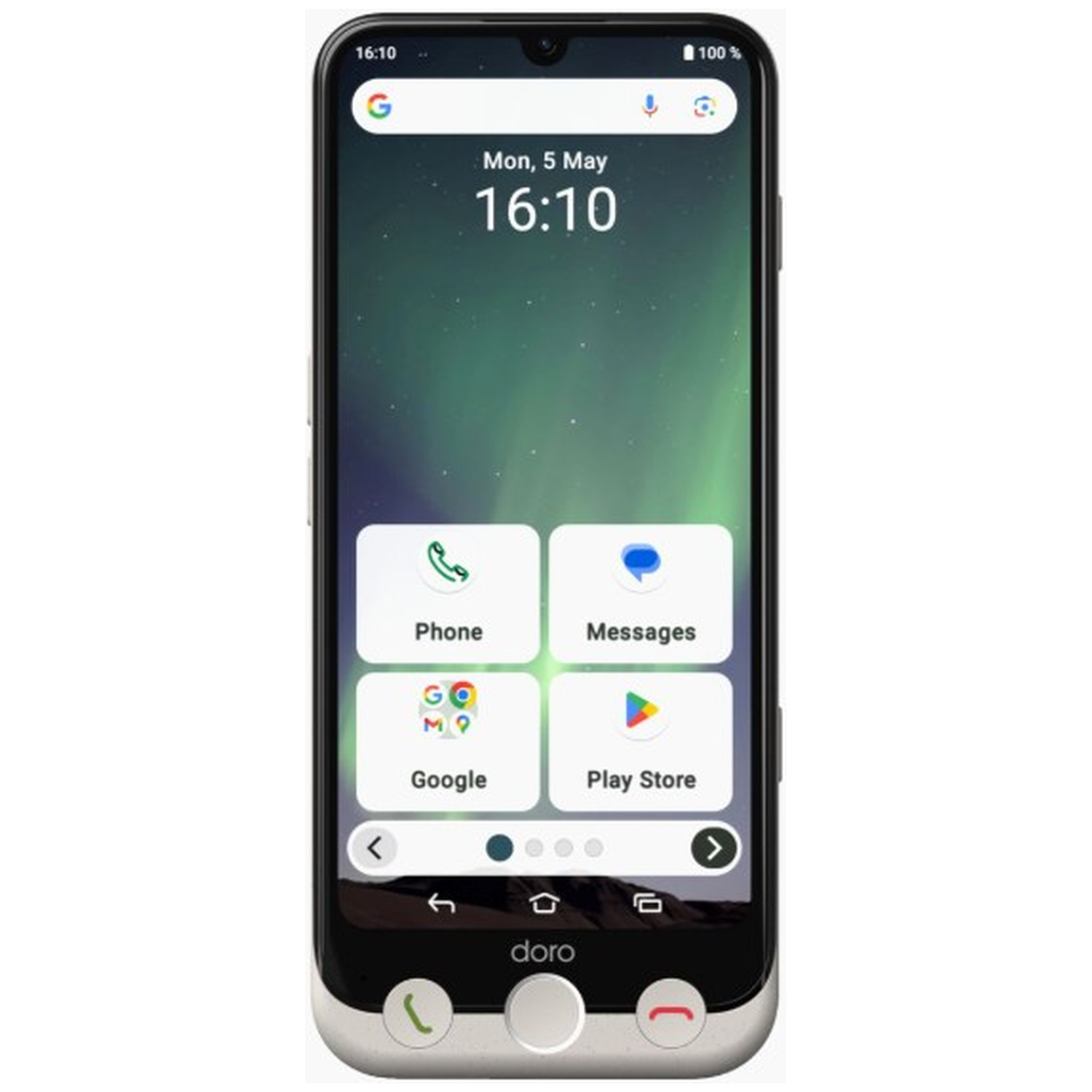 A Doro smartphone shows the home screen with app icons: Phone, Messages, Google, and Play Store. The time is 16:10, May 5th.