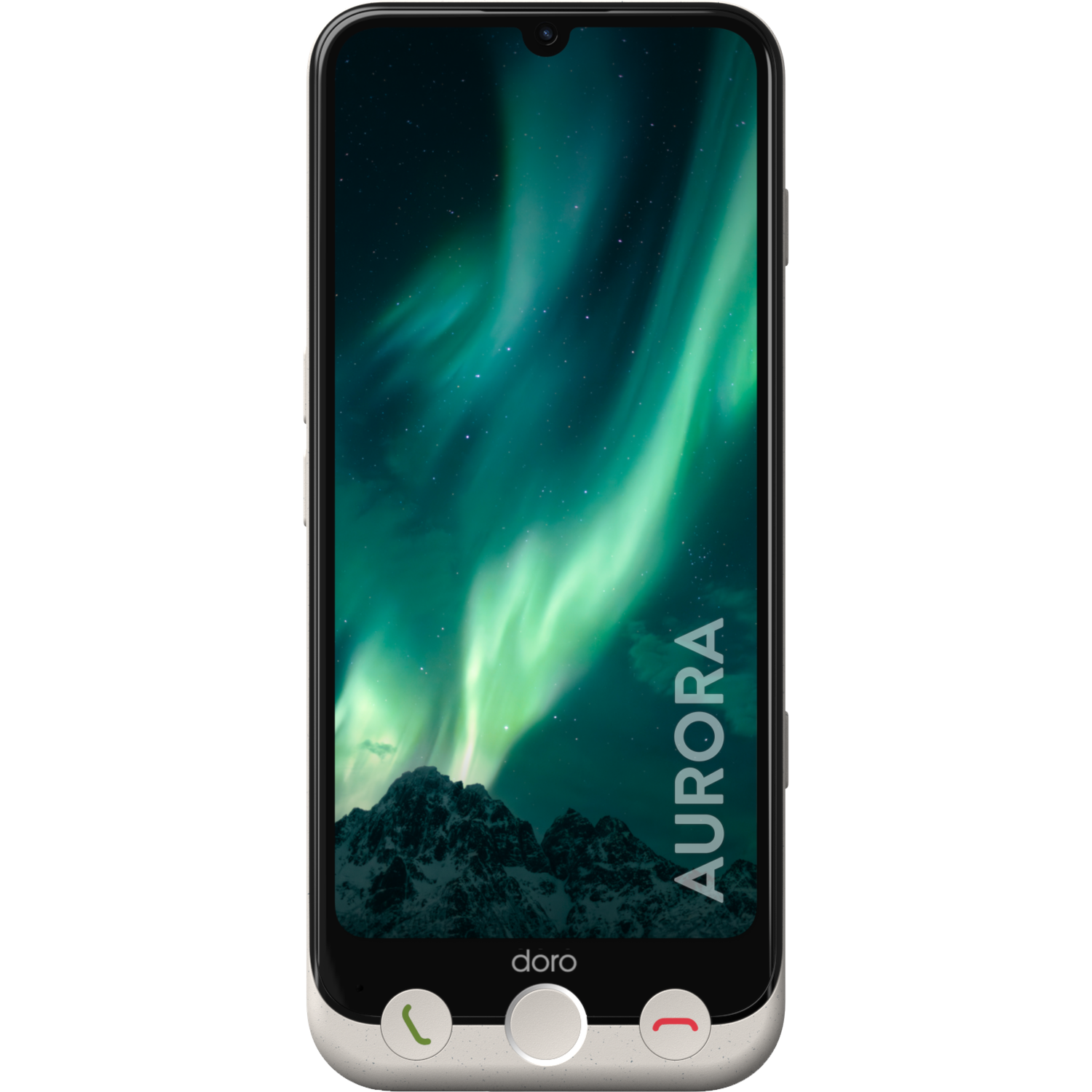 A smartphone displays an aurora borealis image. The phone is silver and black, with a green call button and a red one.