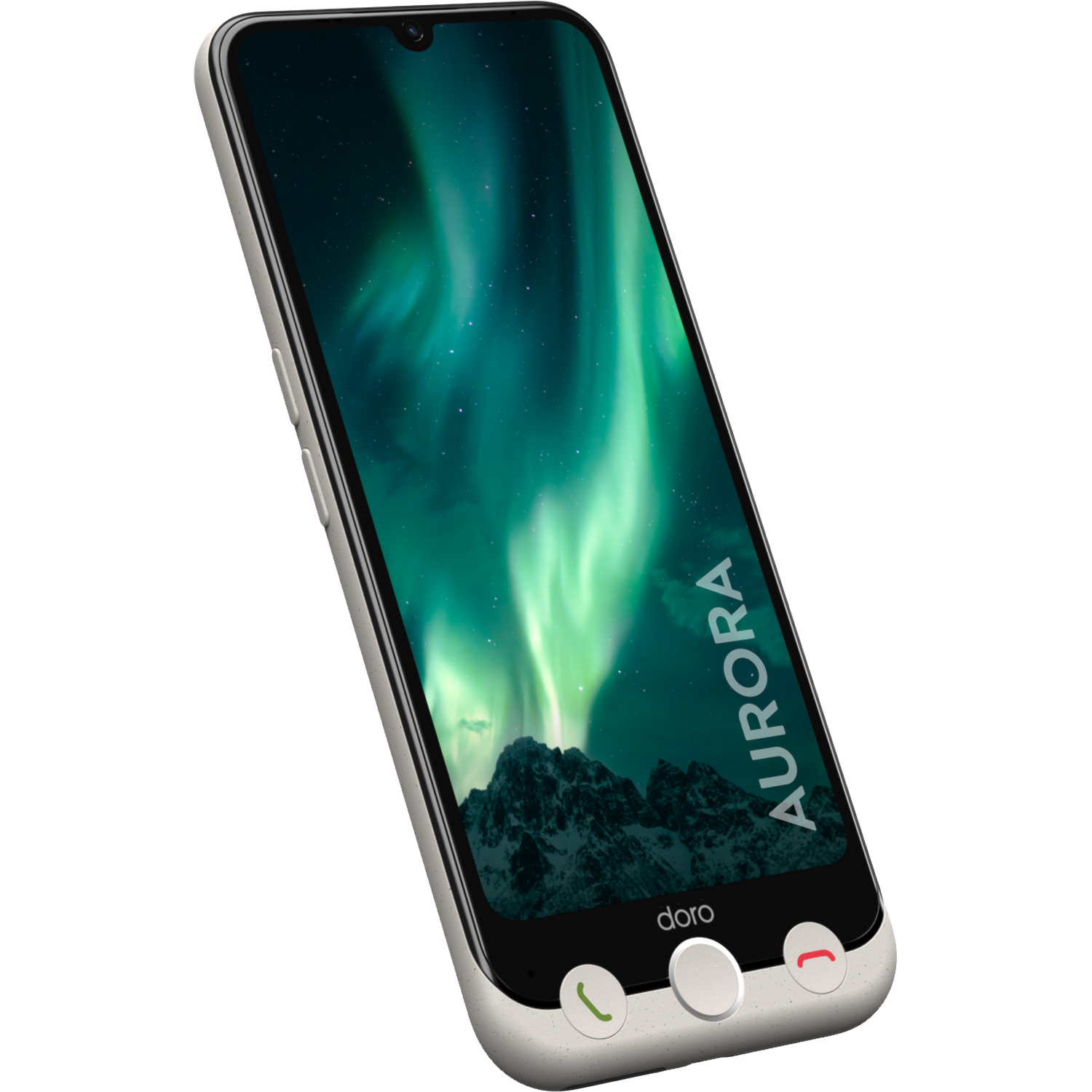 A smartphone with a screen displaying the Northern Lights. The phone is white and has call buttons at the bottom.