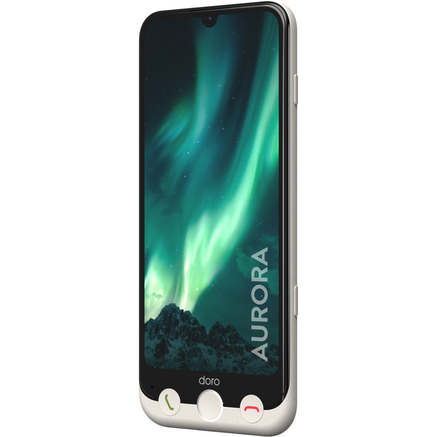 A smartphone displays aurora borealis. The phone has a cream-colored frame and buttons. The word 'AURORA' is on the phone.