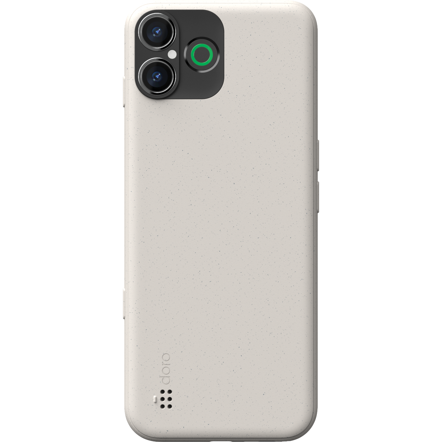 A cream-colored phone case with a black camera module. The case has a speckled texture and a green circle. The brand logo is visible.