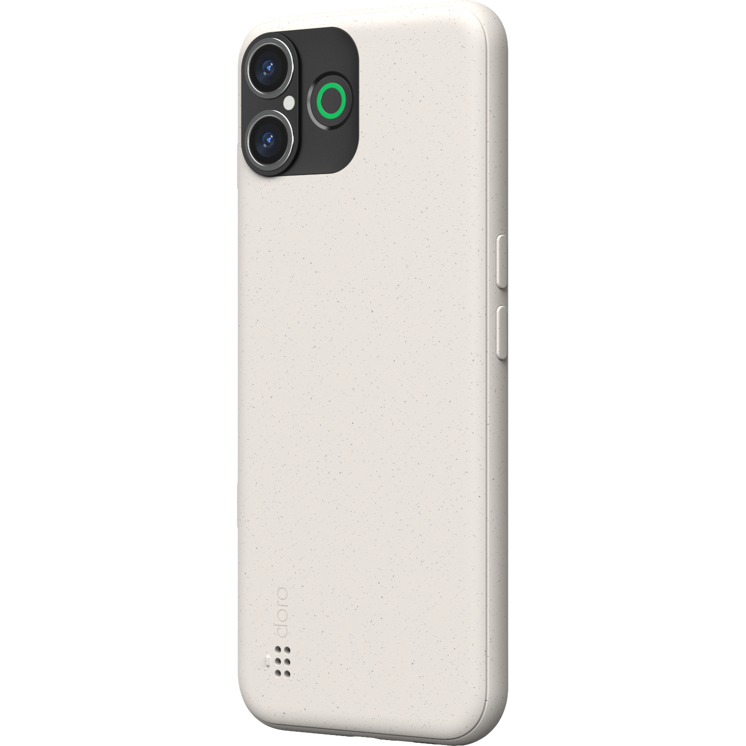 A beige smartphone case with three camera lenses and a green circle. It has a dotted texture and the Doro logo.