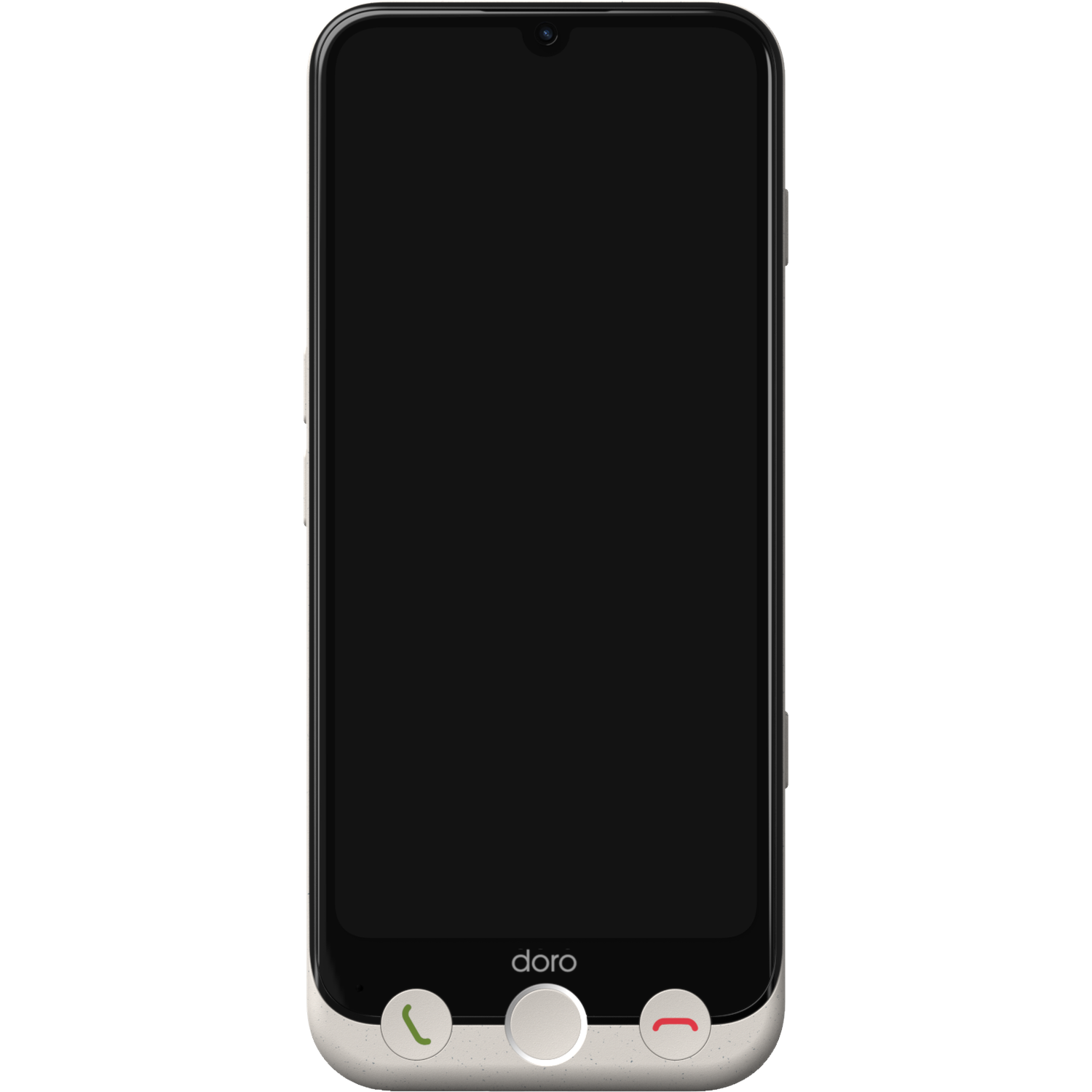 A smartphone with a black screen, silver frame, and the brand name 'doro' at the bottom. It has green and red call buttons.