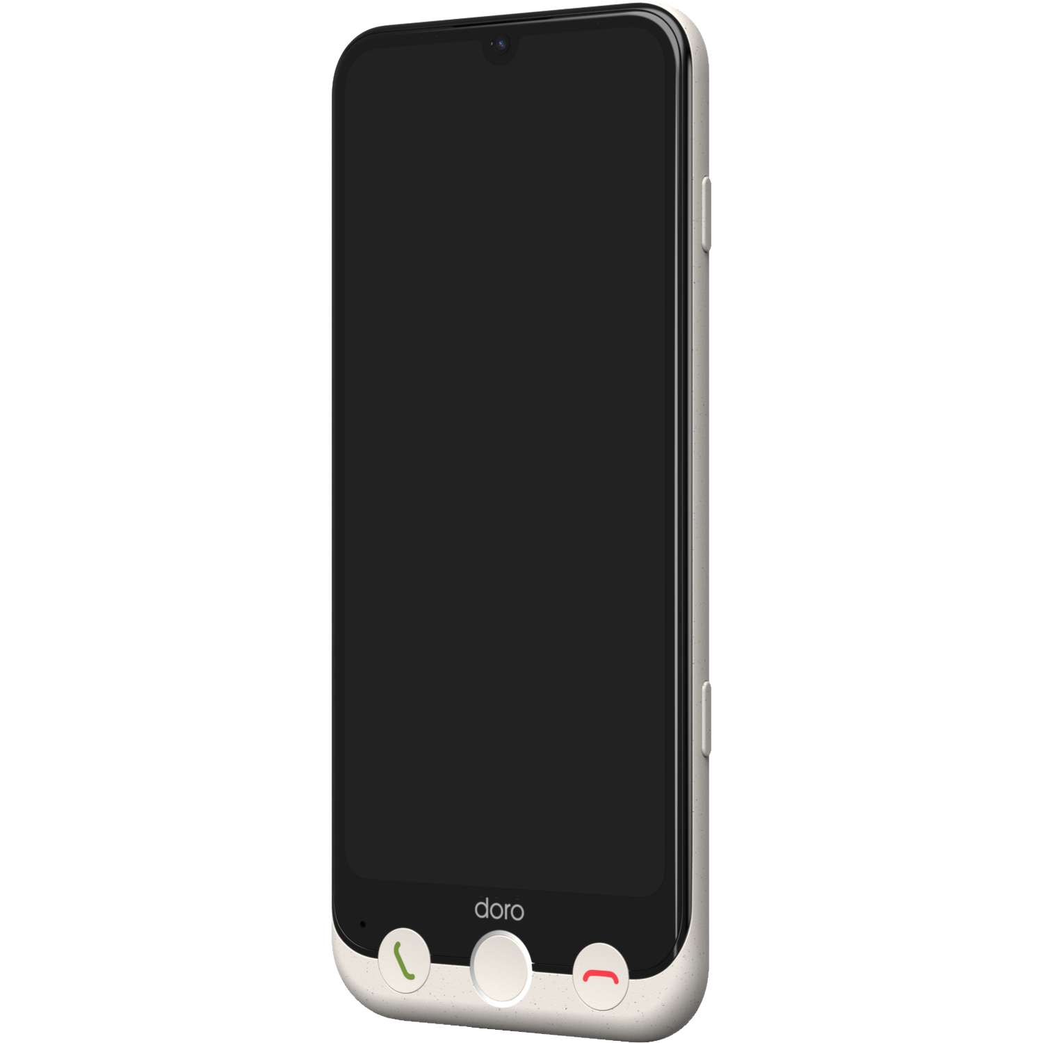 A smartphone with a black screen. It has a beige frame and a white button with a green and red phone icon.