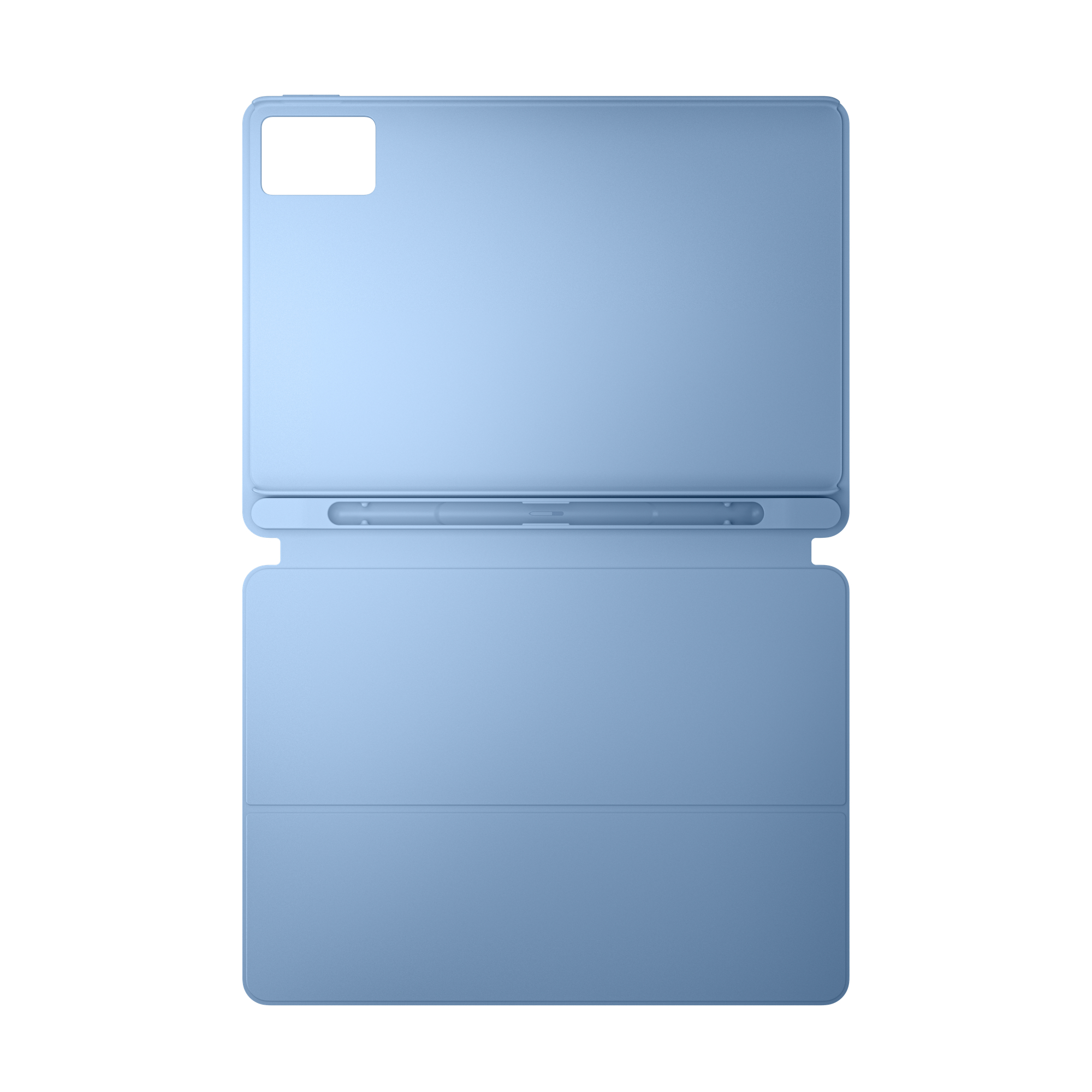 Eine hellblaue Tablethülle, offen. Sie hat einen rechteckigen Ausschnitt für eine Kamera und Platz für einen Stift.