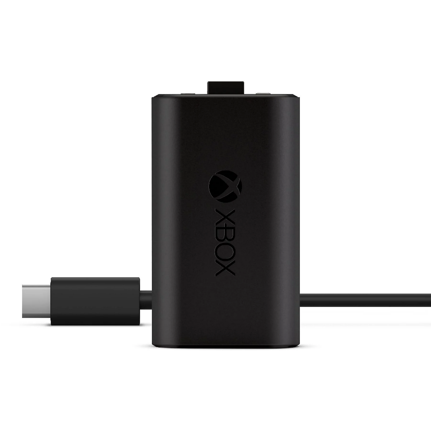 Batería recargable Microsoft Xbox Play & Charge Kit , vista frontal en color negro, con cable USB-C incluido para cargar mandos inalámbricos Xbox mientras se juega.