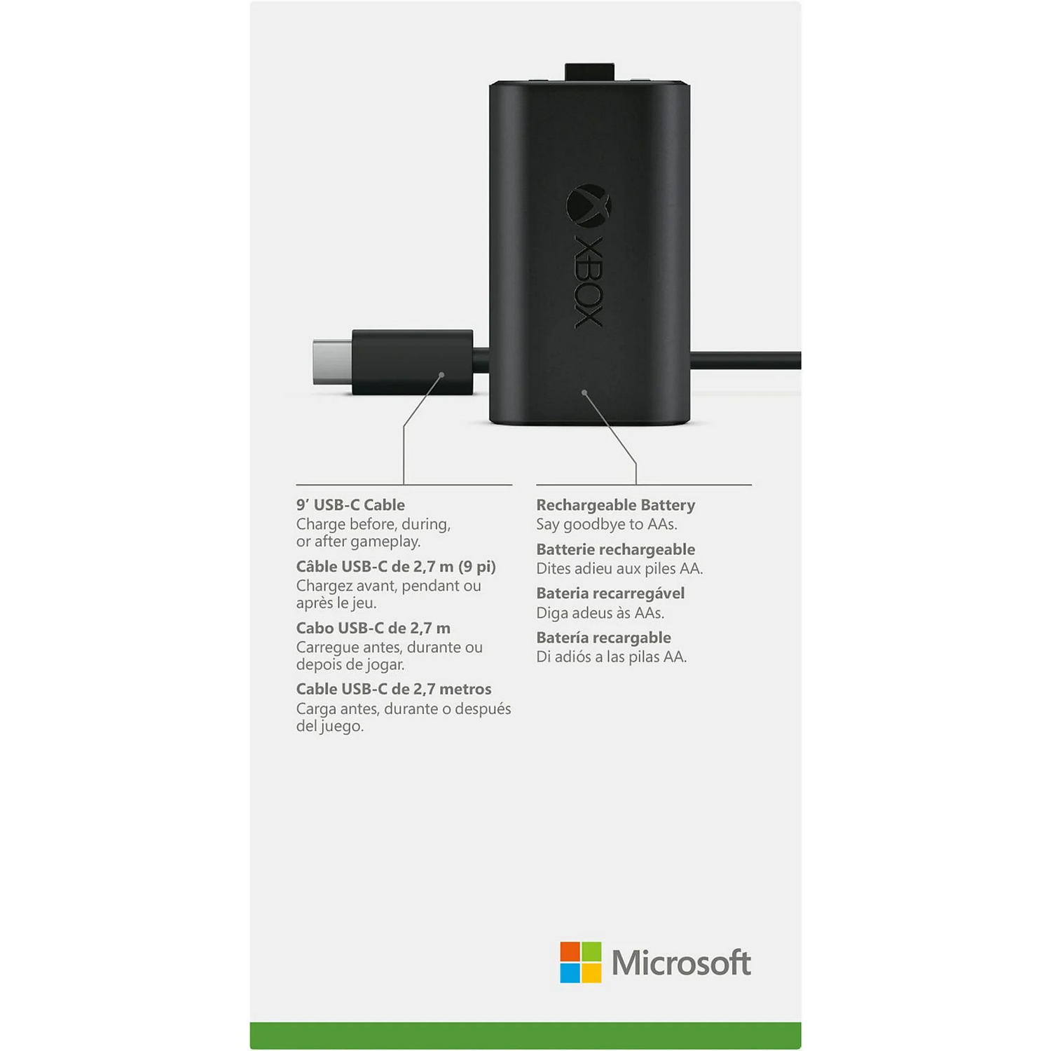 Batería recargable Xbox negra y un cable USB-C. Texto en varios idiomas, incluido el inglés, describe el producto.