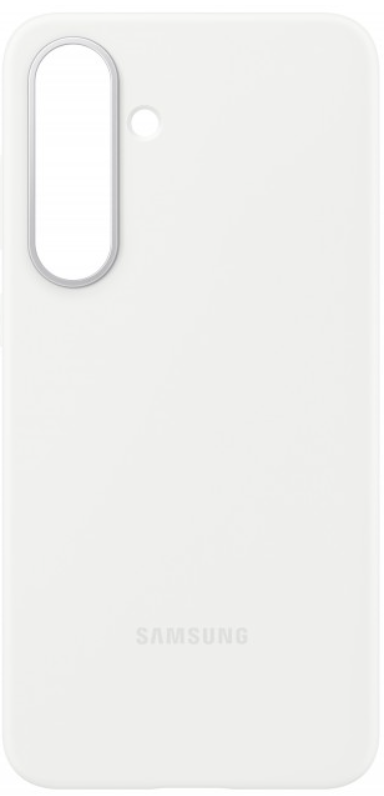 Egy fehér telefontok Samsung telefonhoz. Van kamera- és vaku nyílása, látható a Samsung logó.