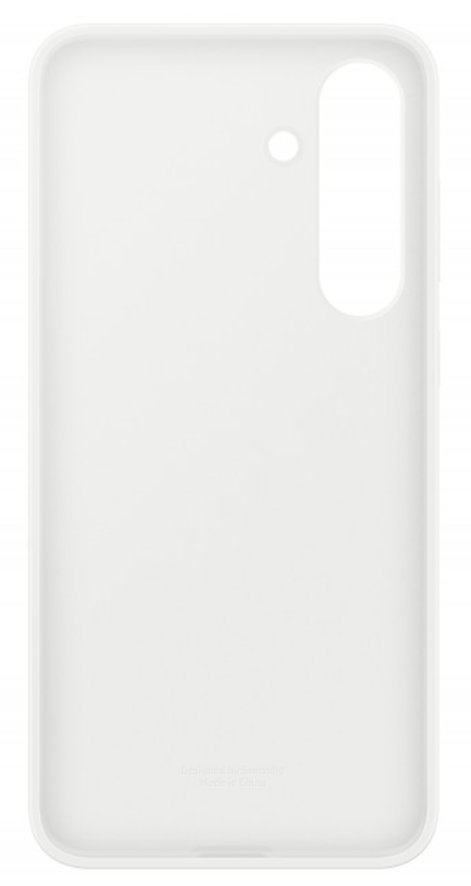 Fehér telefontok kamerával és gombkivágásokkal. Alul a felirat: Designed by Samsung, Made in China.