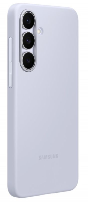 Világos lila Samsung telefon. Három kamera lencséje, vaku és hangerőgomb van rajta. A Samsung logó látható.