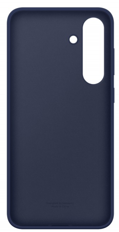Egy sötétkék telefontok. Van rajta egy kamerakivágás és egy lyuk. A tok sima. Alul a felirat: 'Designed by Samsung'.