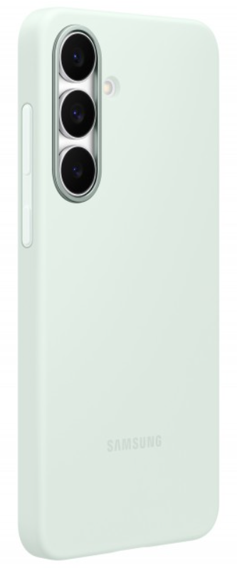 Világoszöld telefontok, három kamera lencsével. Látható a Samsung logó. A tokon hangerő gomb található.