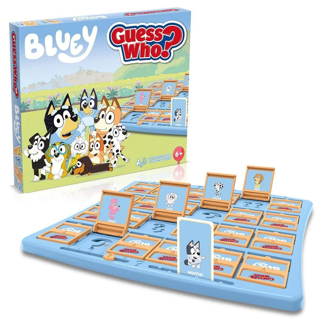 Gra Bluey Guess Who. Pudełko z postaciami. Plansza do gry z kartami postaci. Kolory niebieski i pomarańczowy. Gra dla dzieci.