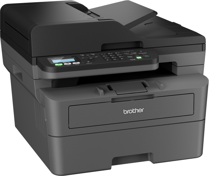 Ein Brother-Multifunktionsdrucker. Er ist grau und schwarz. Er hat einen Flachbettscanner und ein Papierfach. Das Brother-Logo ist sichtbar.
