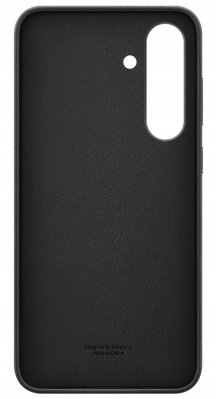 Fekete telefontok kamera- és gombkivágásokkal. Alul a "Designed by Samsung Made in China" felirat látható.
