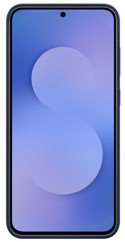 Egy okostelefon kék képernyővel és kör alakú dizájnnal. A telefon sötétkék kerettel és elülső kamerával rendelkezik.