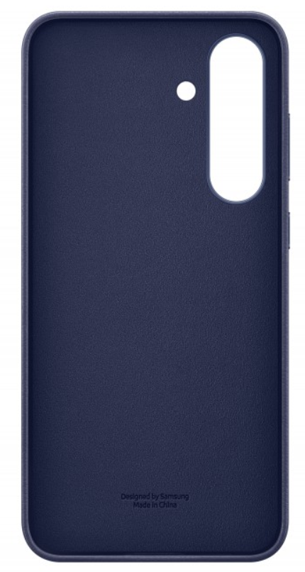 Sötétkék telefontok. Van egy kamerakivágása, egy fehér pont, és a 'Designed by Samsung Made in China' felirat.