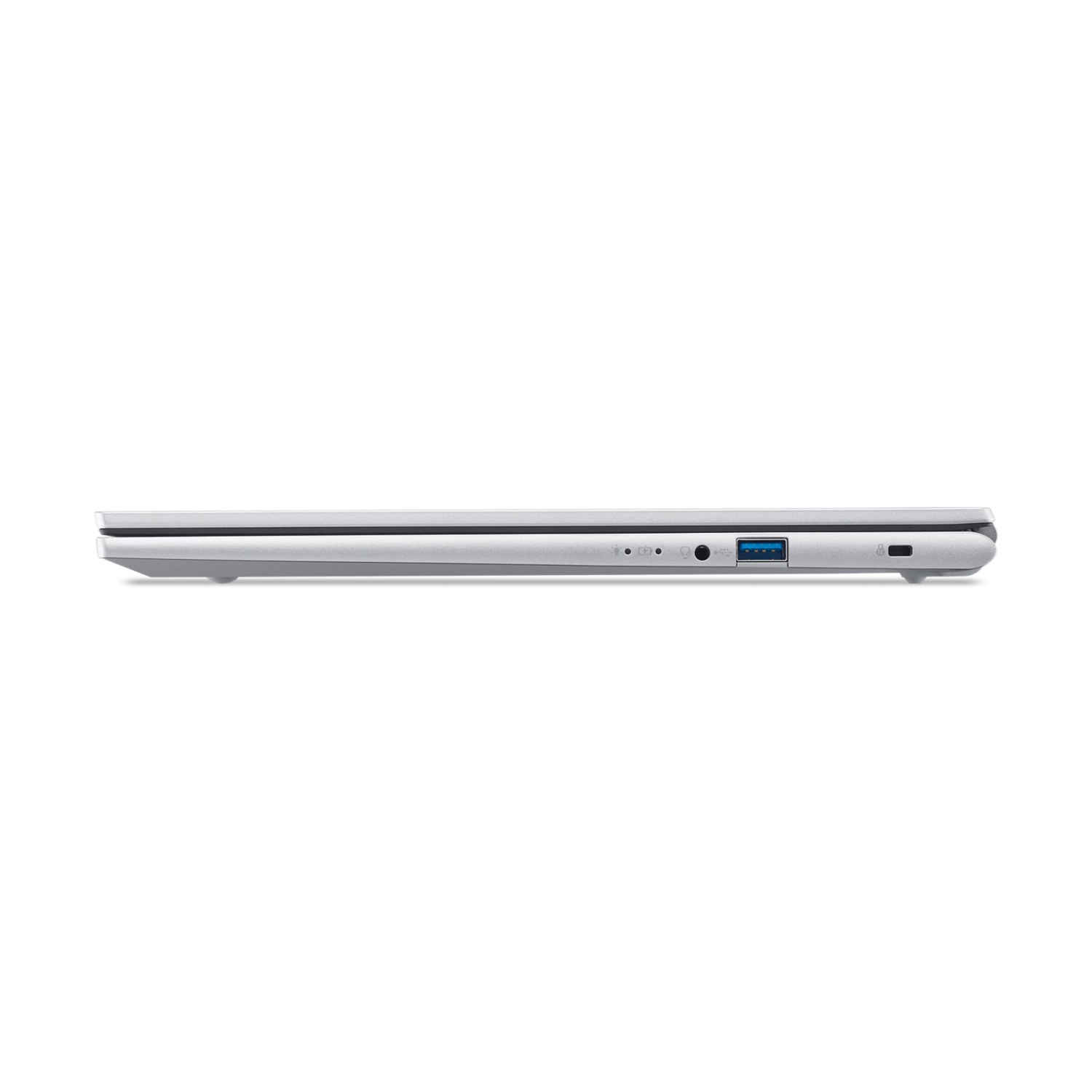 Vista laterale di un laptop argentato. Le porte visibili includono USB, jack audio e ingresso di alimentazione. Lo sfondo è bianco.