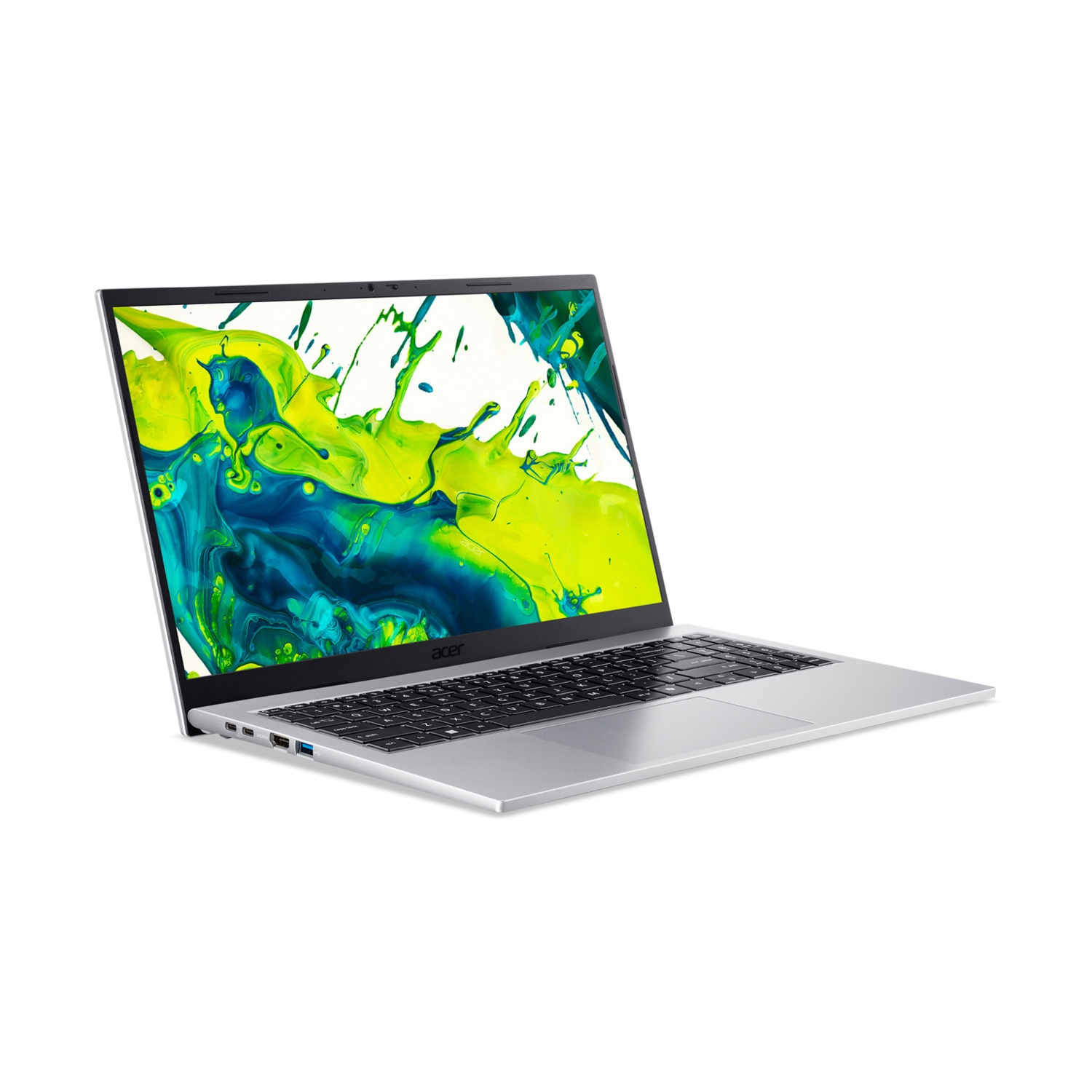 Laptop argentato su sfondo bianco. Schermo con schizzi di vernice gialla e blu. Tastiera e touchpad visibili. Logo Acer.