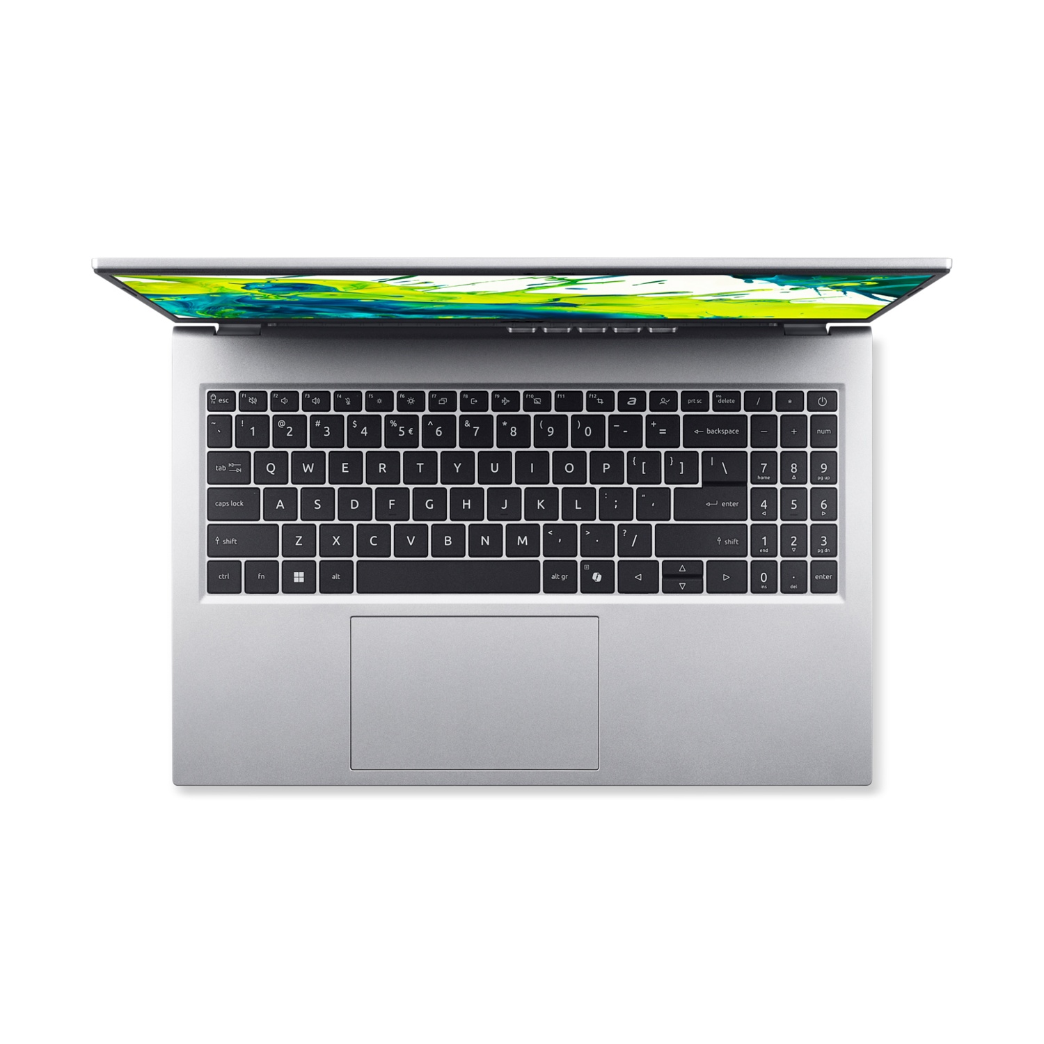 Vista dall'alto di un laptop argentato con schermo aperto. La tastiera è visibile, con tasti etichettati e un touchpad.