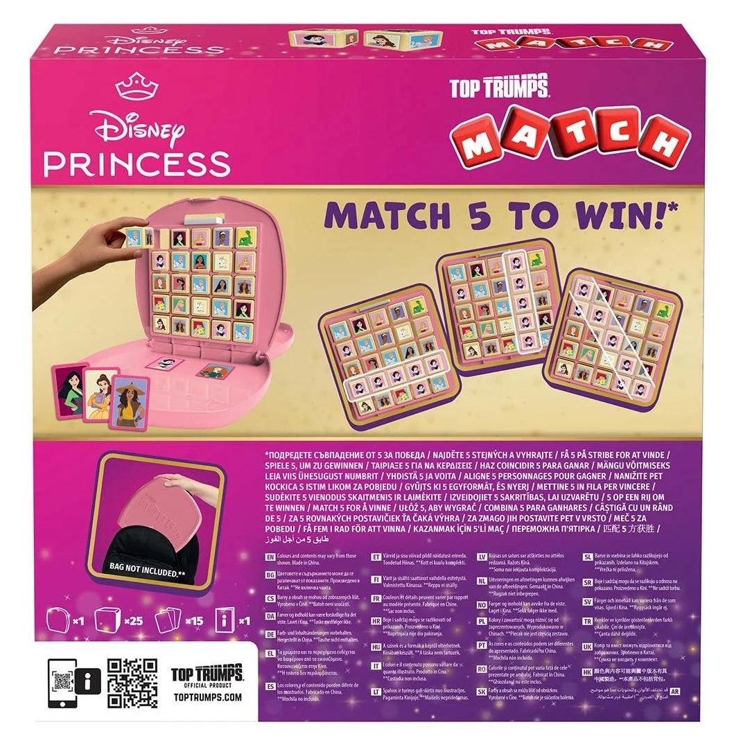 Różowe pudełko z grą Disney Princess z planszami i kartami. Ręka trzyma element gry.