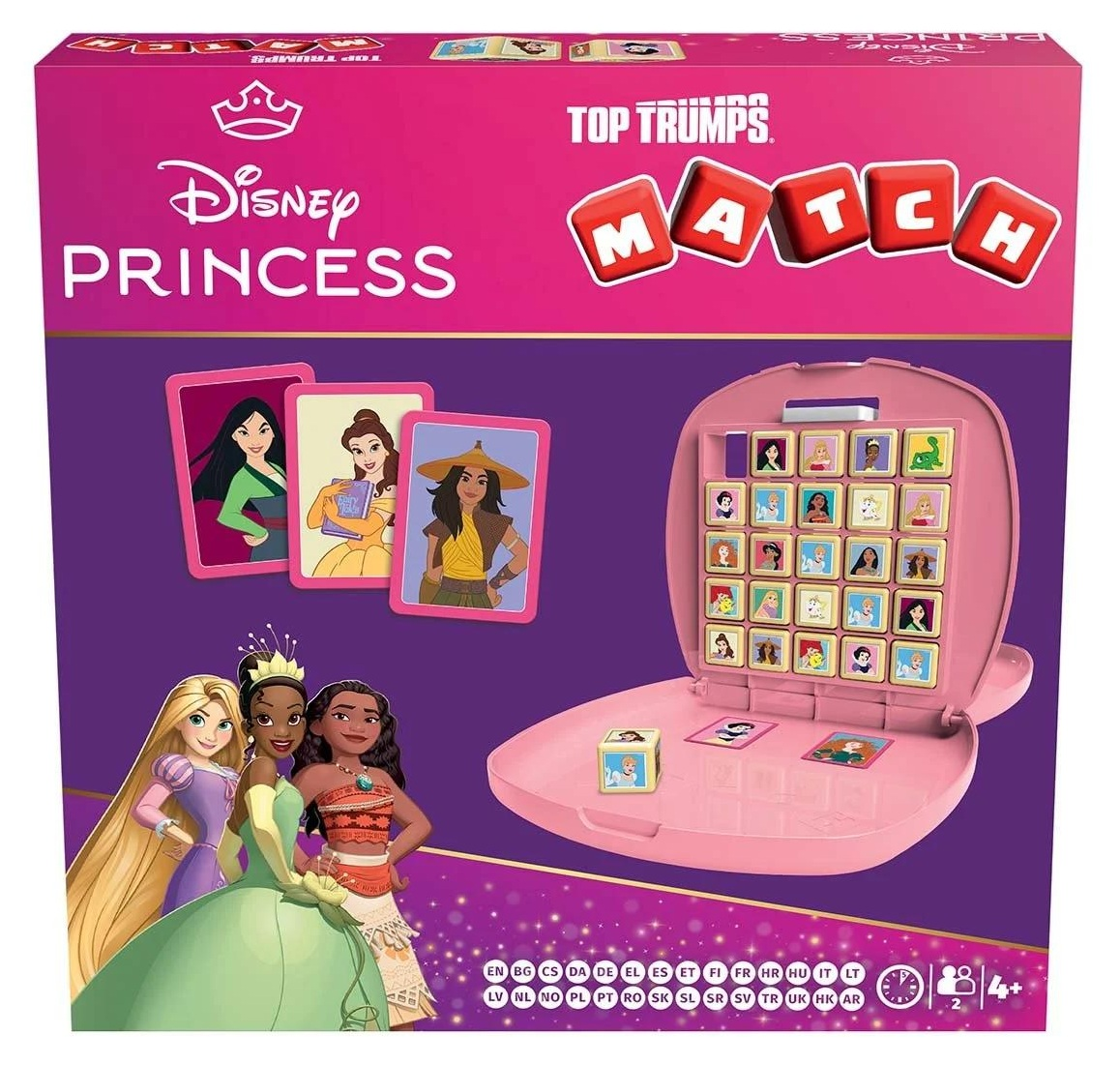 Gra Disney Princess Top Trumps Match. Różowe pudełko z elementami gry, kartami z księżniczkami i wizerunkami księżniczek.