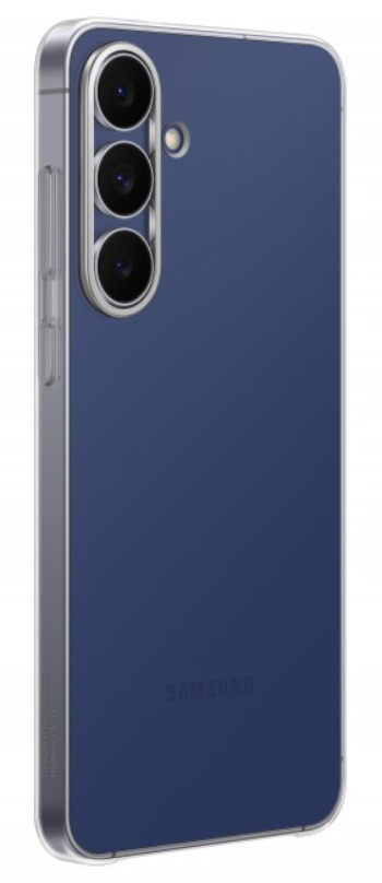 Sötétkék Samsung telefon átlátszó tokkal. Három lencséje van. A Samsung logó látható.