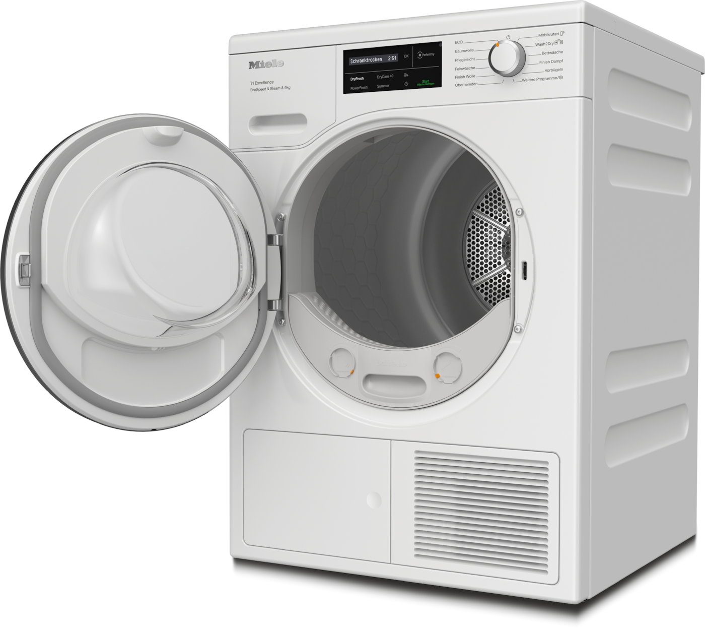 Ein weißer Miele-Trockner mit offener Tür. Die Maschine hat ein Bedienfeld und einen Drehknopf. Die Trommel ist sichtbar.