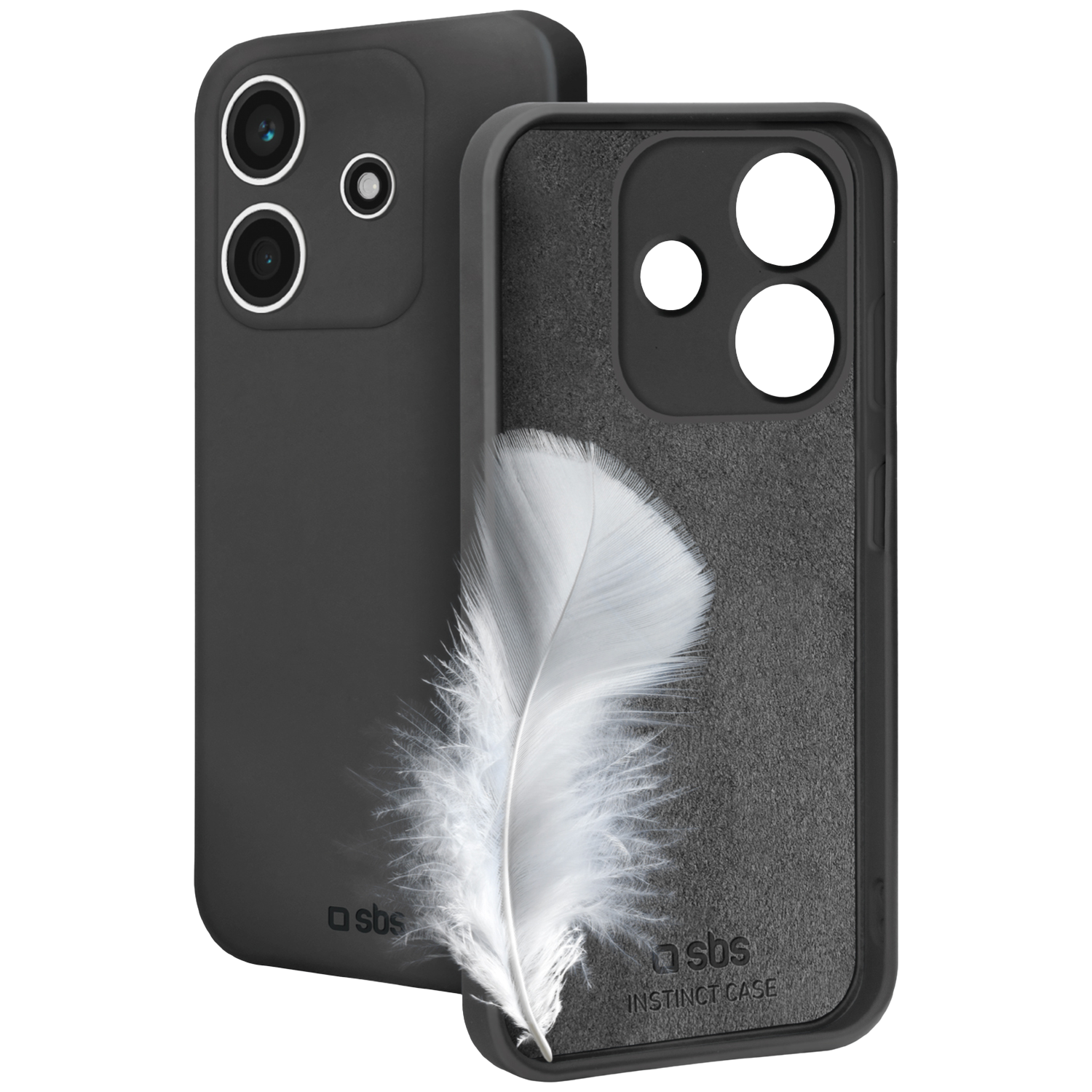 Twee zwarte telefoonhoesjes, één open met een witte veer erin. De andere gesloten met zichtbare cameralenzen.