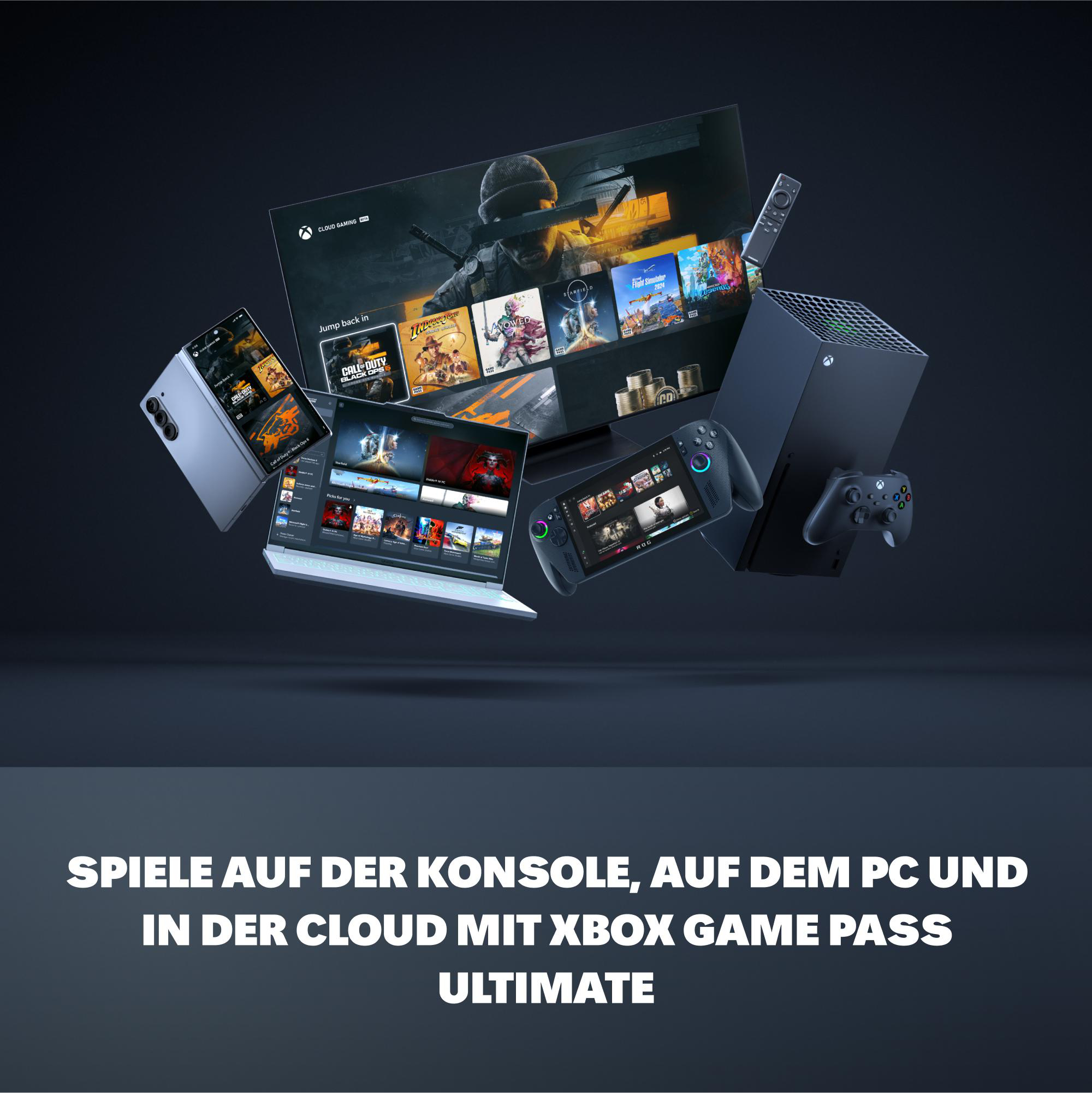 Das Bild zeigt mehrere Bildschirme mit Spielen, Xbox-Konsole, Controller und Telefon, mit Text: Xbox Game Pass Ultimate.