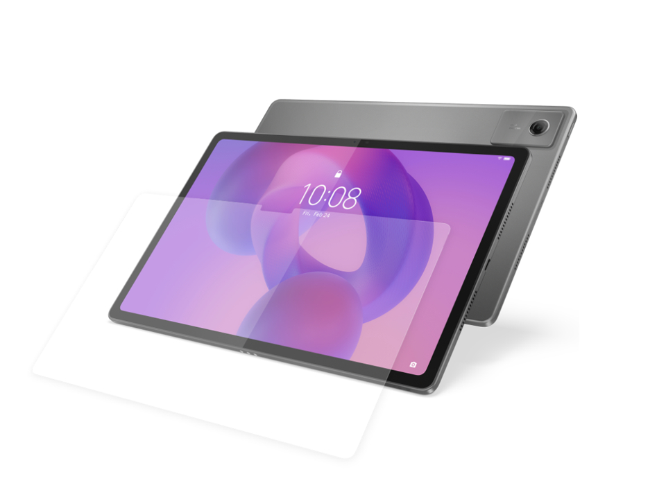 Zwei graue Tablets. Eines ist geneigt und zeigt einen lila Bildschirm mit der Uhrzeit an. Ein Displayschutz befindet sich vor dem vorderen Tablet.