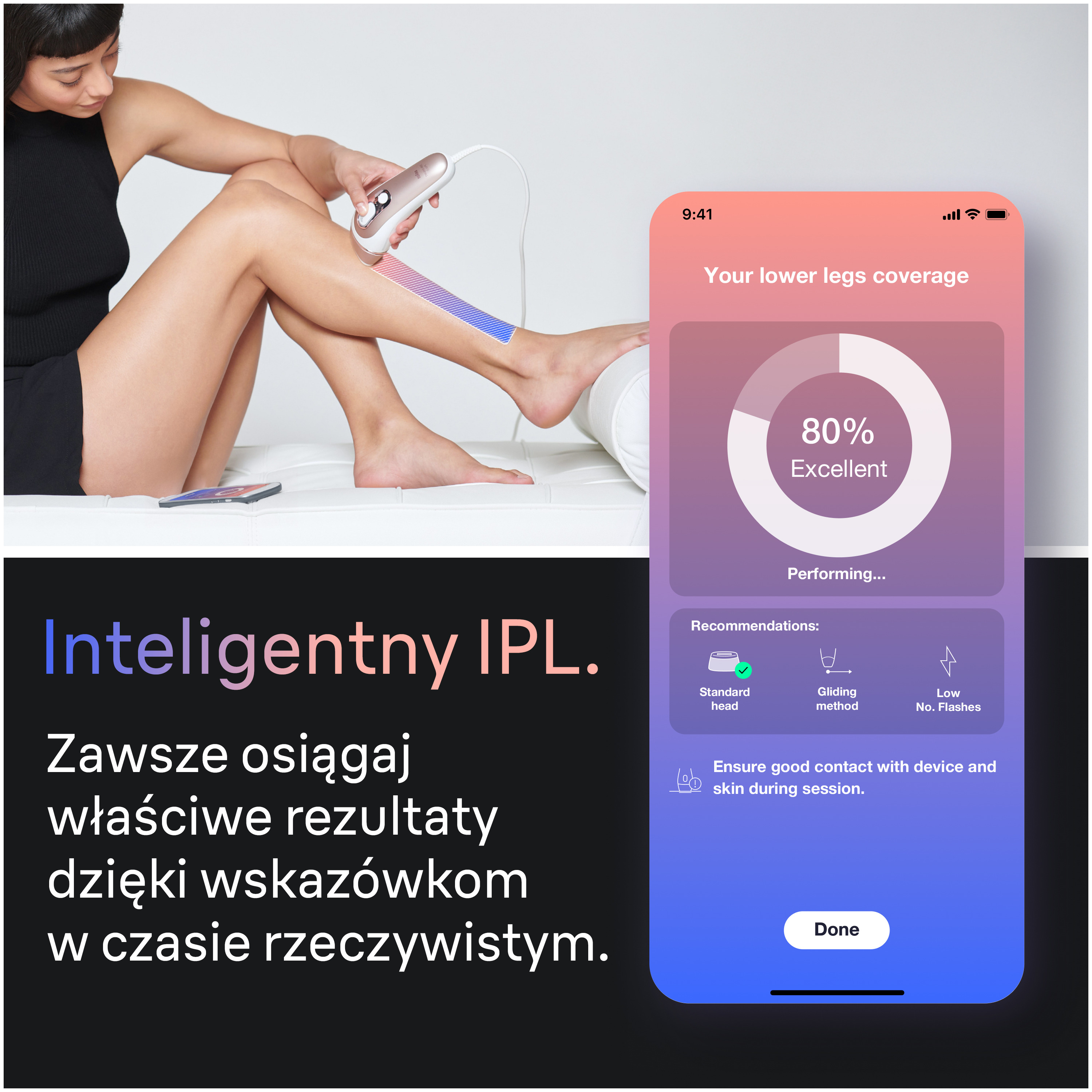 Kobieta używa urządzenia IPL na nodze, aplikacja pokazuje 80% pokrycia. Tekst: Inteligentny IPL, zawsze osiągaj rezultaty.