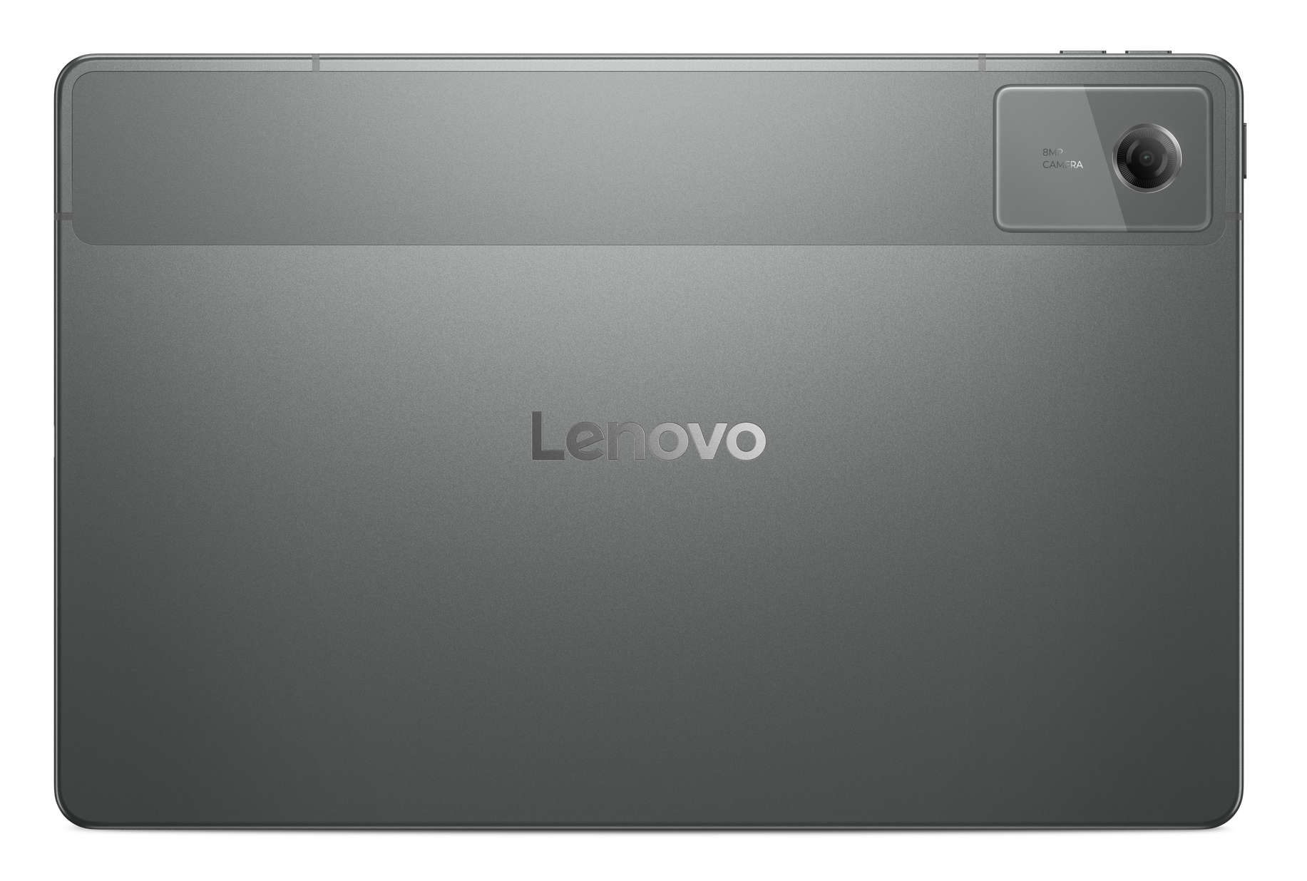 Tył szarego tabletu Lenovo. Ma aparat u góry po prawej stronie i logo Lenovo pośrodku.