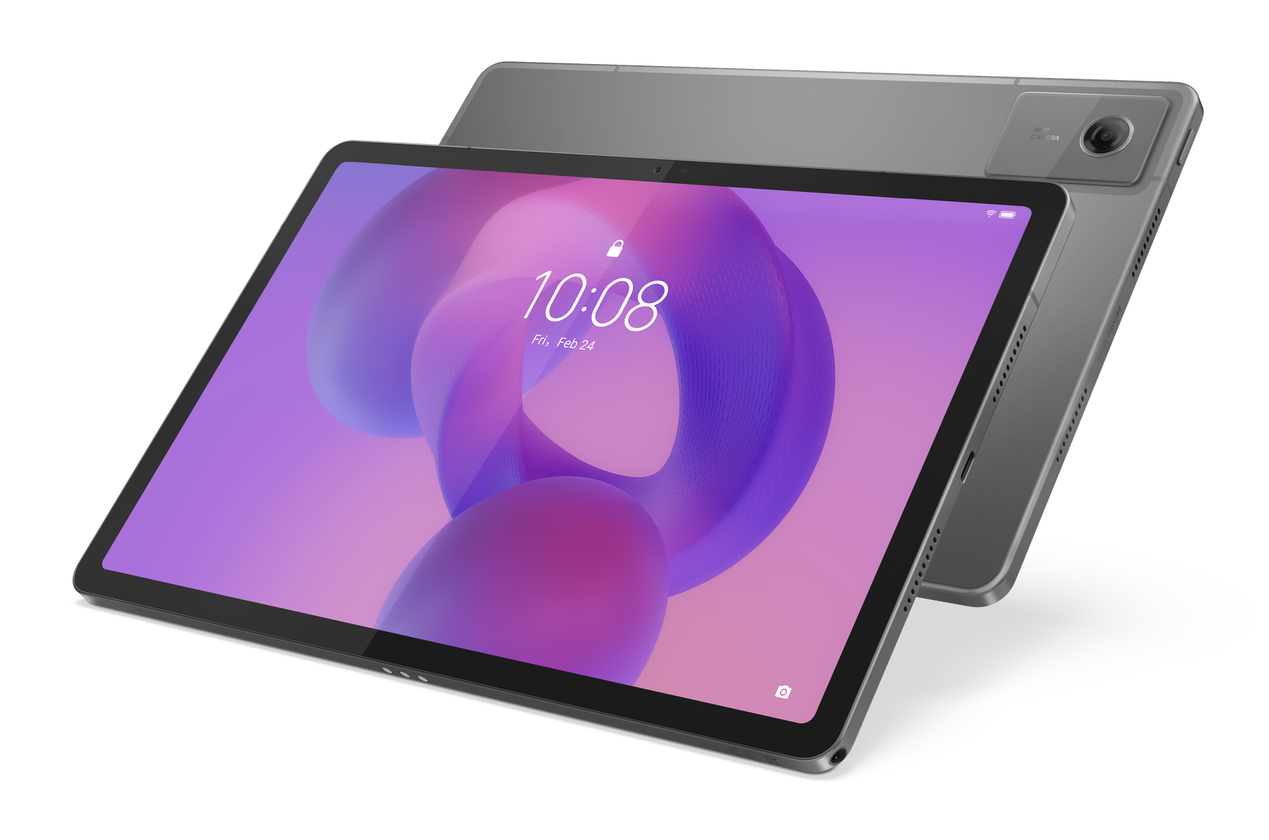 Szary tablet ustawiony pod kątem, aby pokazać ekran z godziną i datą. Za nim jest kolejny tablet.