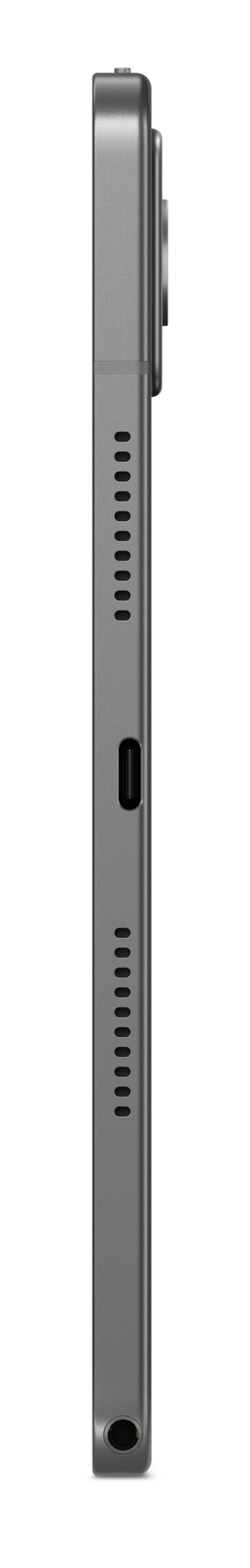 Widok z boku szarego urządzenia. Posiada otwory wentylacyjne, przycisk i aparat. Tło jest czarne.