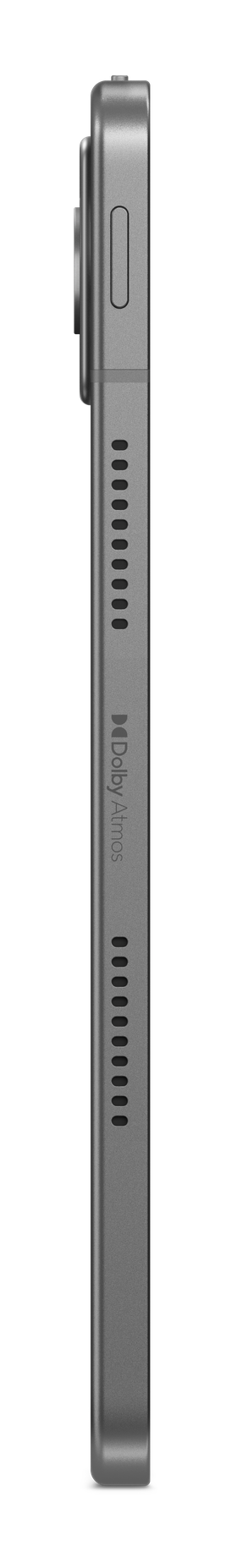 Widok z boku szarego tabletu. Pokazuje przycisk zasilania, głośniki i logo Dolby Atmos. Czarne tło.