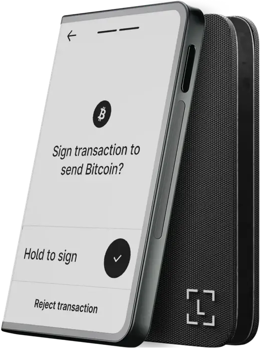 Ein Krypto-Wallet zeigt eine Bitcoin-Transaktionsaufforderung an. Es zeigt 'Transaktion signieren, um Bitcoin zu senden?' mit der Option Halten zum Signieren.
