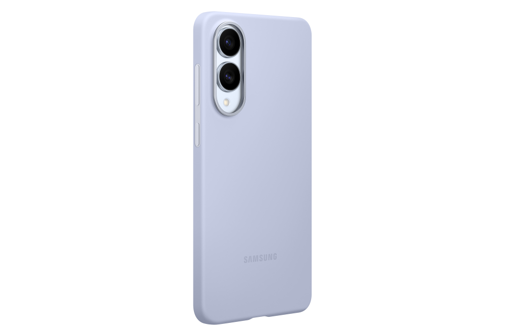 Egy levendula színű telefontok, három kamerával, fekete háttéren. A Samsung logója látható.