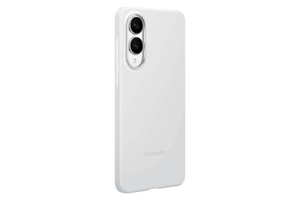 Fehér telefontok Samsung telefonhoz. A tok két kamerával és egy Samsung logóval rendelkezik a hátoldalon.