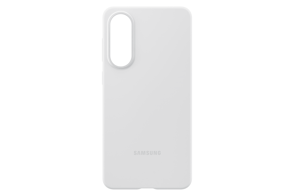 Fehér telefontok Samsung telefonhoz. Van rajta egy kivágás a kamerának és a Samsung logója.